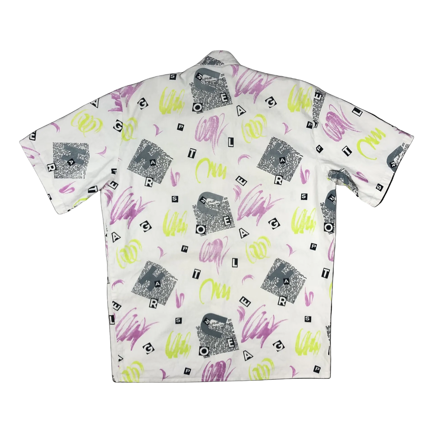 Vintage 80s Abstract Print Roundneck Snap Fastener Short Sleeve Shirt L