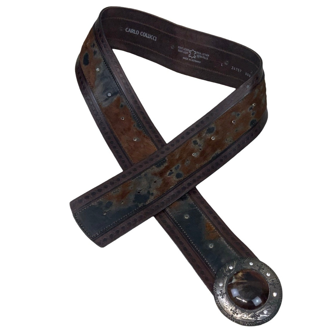 Vintage 70s 80s ‘Carl Colucci’ Brown Leather Cow Print Stud Buckle Belt