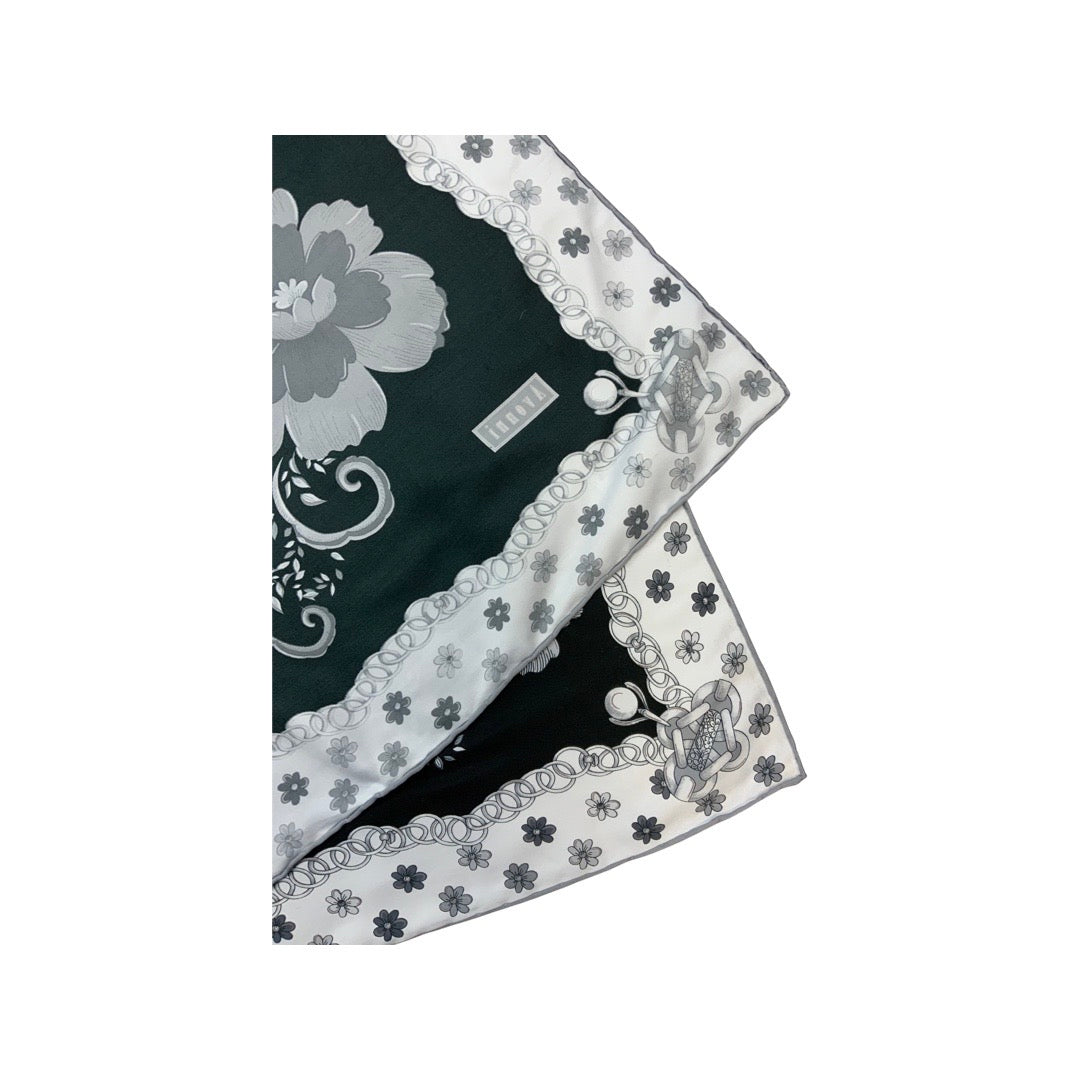 Vintage Black, Grey, and White Floral Silk Scarf