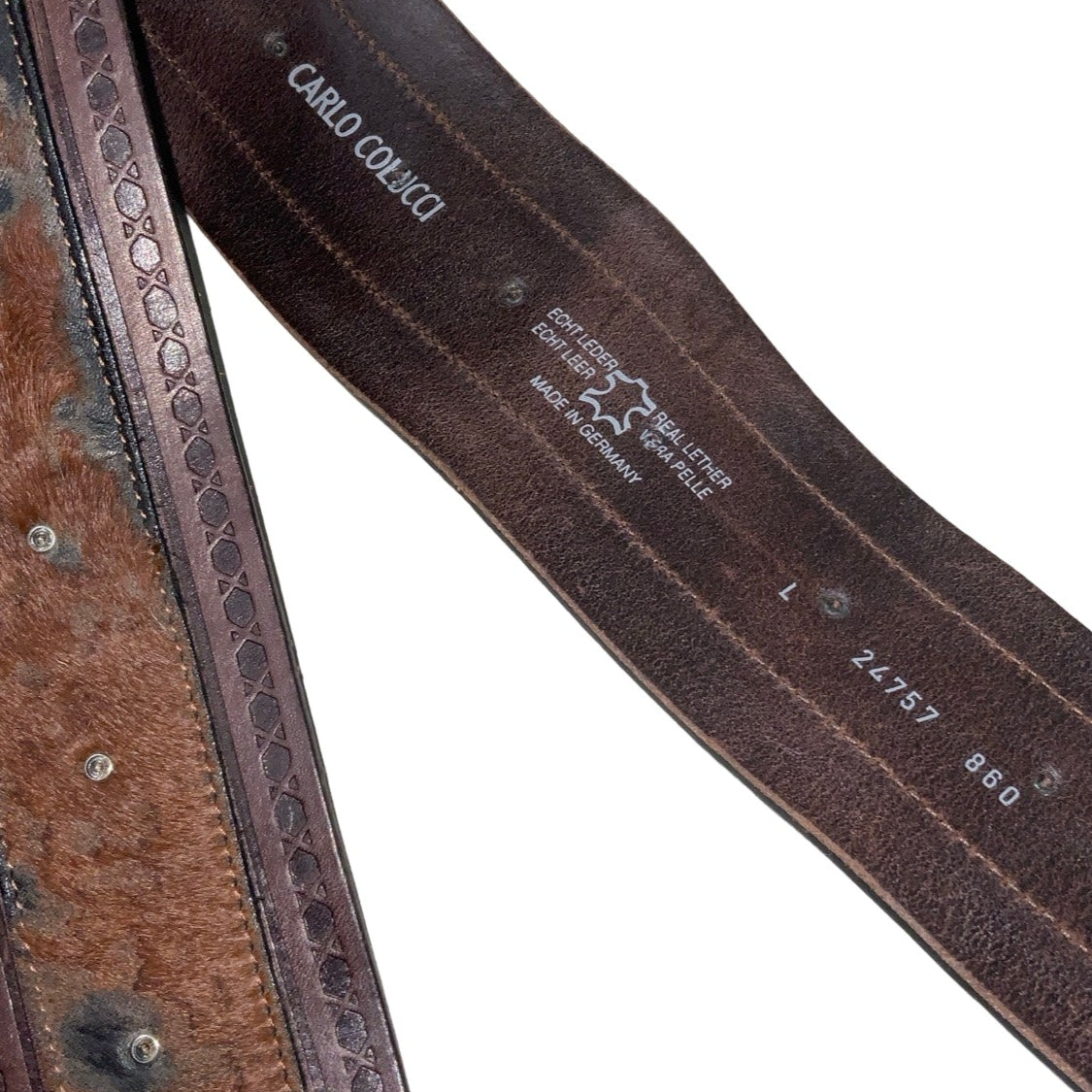 Vintage 70s 80s ‘Carl Colucci’ Brown Leather Cow Print Stud Buckle Belt