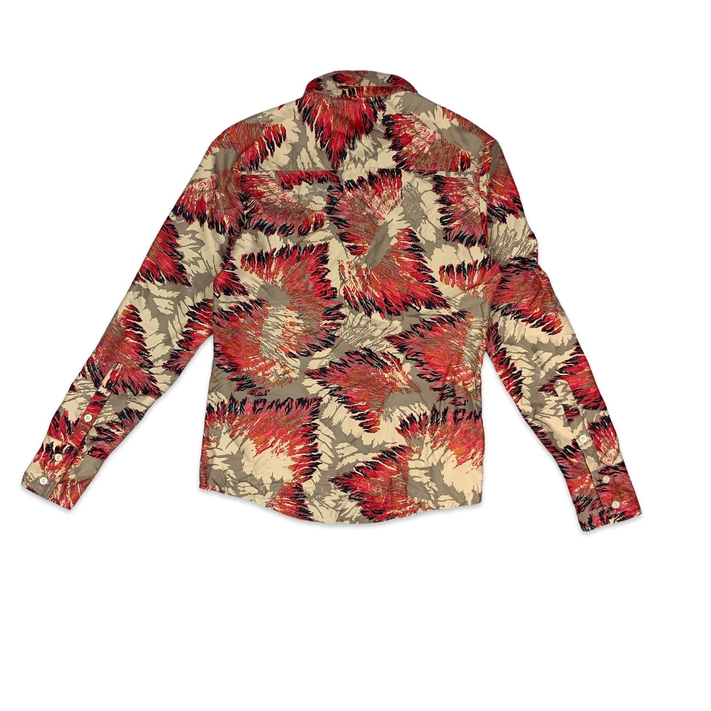 Y2K Beige & Pink Feather Print Shirt S