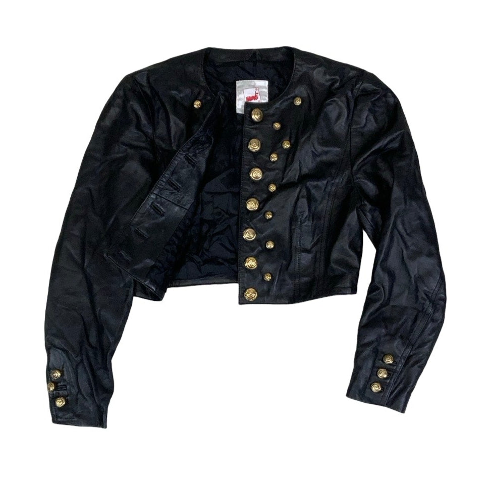 Vintage 80s 90s ‘Mondi’ Black Gold Beaded Crop Leather Jacket 10 12