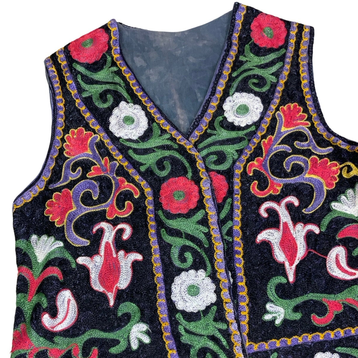 Vintage 90s Red Green White Black Embroidered Tapestry Folk Botanical Waistcoat