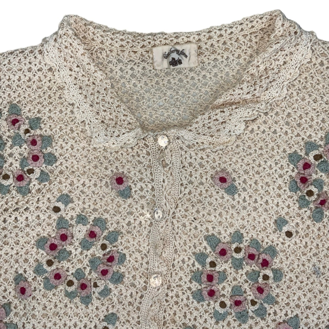 Vintage 90s Y2K ‘Blueberry Farm’ Cream Crochet Floral Top 12 14