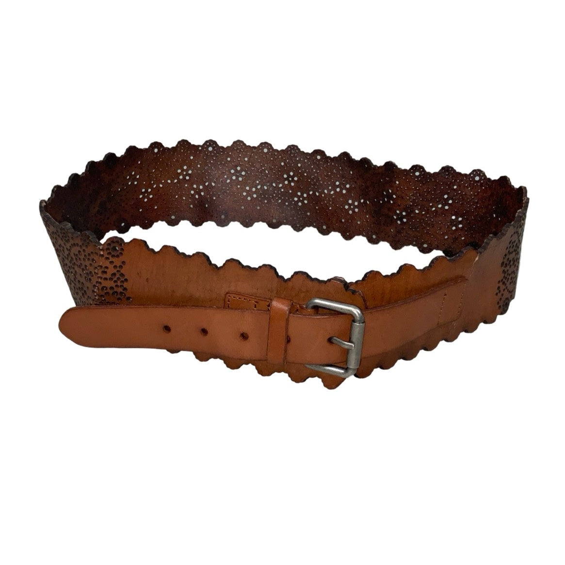Vintage 90s 00s y2k Thick Brown (6090) Leather Wavy Cut-Out Polka Dot Buckle Belt