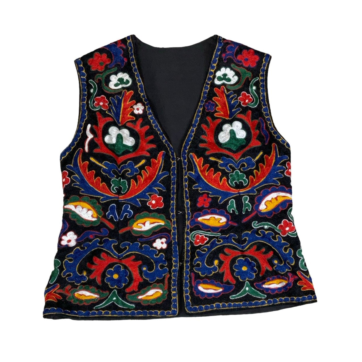 Vintage 80s 90s Red Green White Black Embroidered Tapestry Folk Botanical Waistcoat 10 12