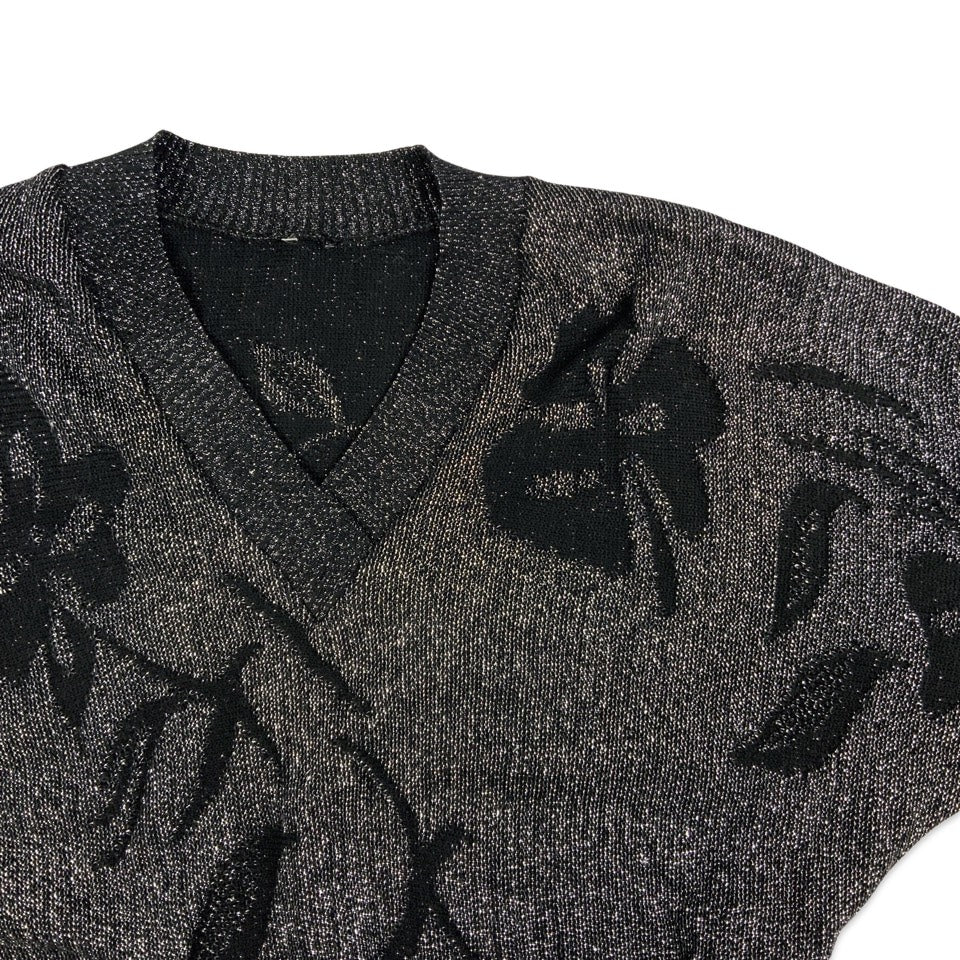 Vintage Knitted Lurex V-neck Floral Jumper Black Silver 14 16 18 20
