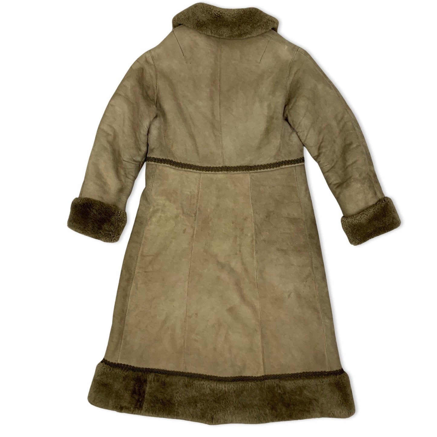 Vintage Light Brown Sheepskin Embroidered Shearling Midi Coat 10 12