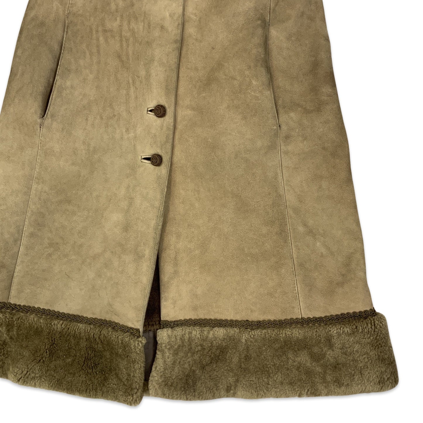 Vintage Light Brown Sheepskin Embroidered Shearling Midi Coat 10 12