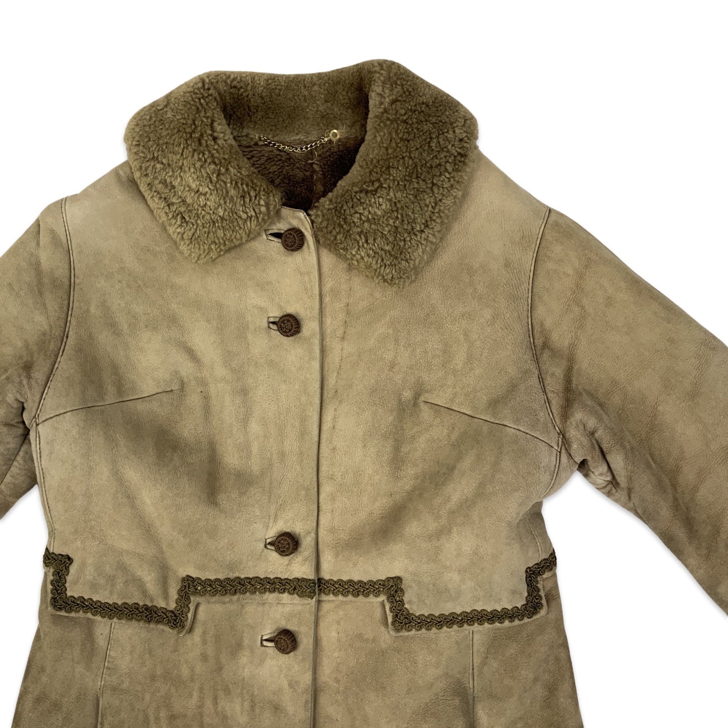 Vintage Light Brown Sheepskin Embroidered Shearling Midi Coat 10 12