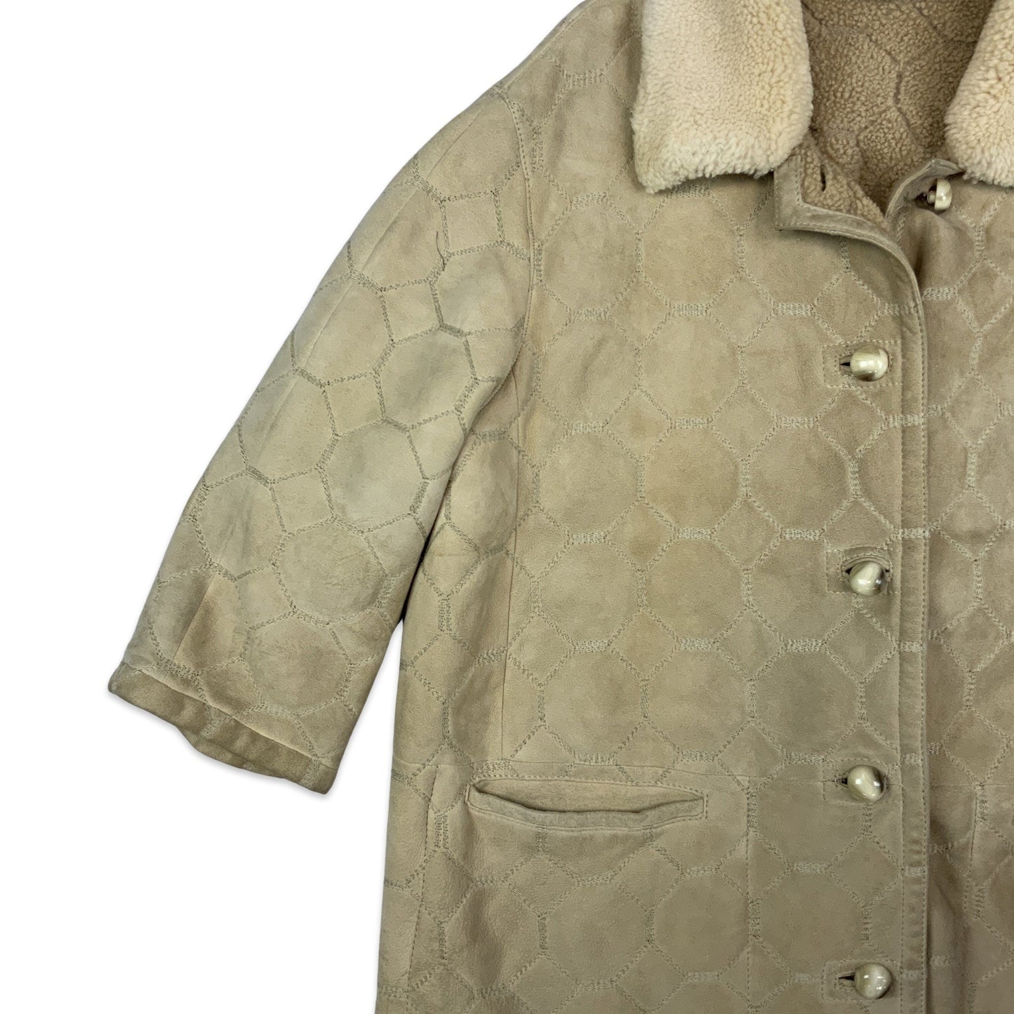 Vintage Embroidered Suede Beige Shearling Coat 16 18