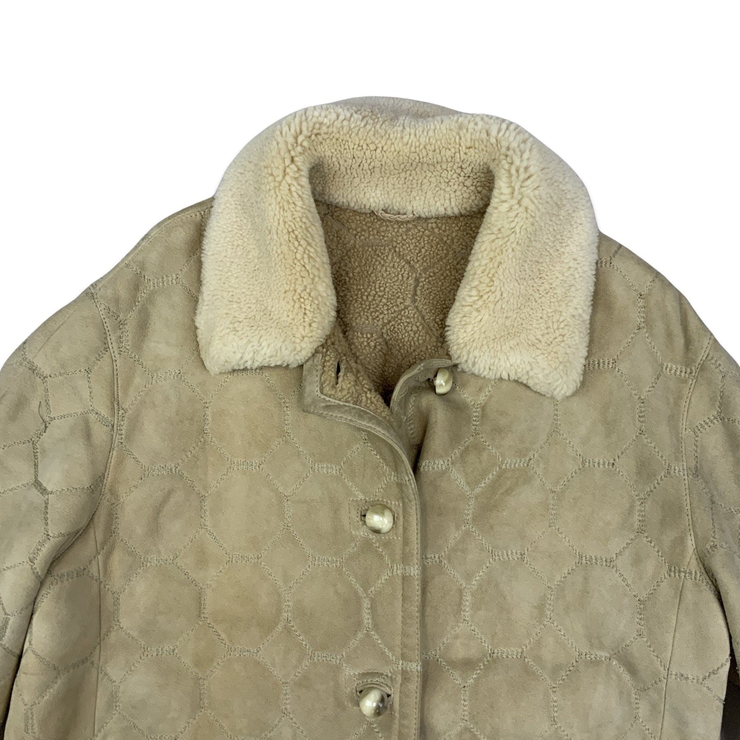 Vintage Embroidered Suede Beige Shearling Coat 16 18