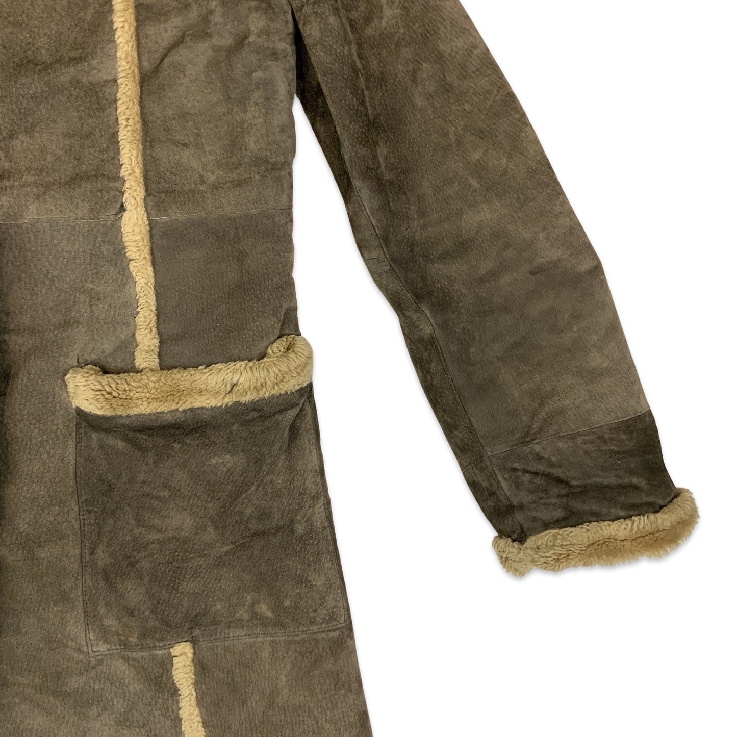 Vintage Brown Shearling Midi Coat with Faux Fur Trim 16 18