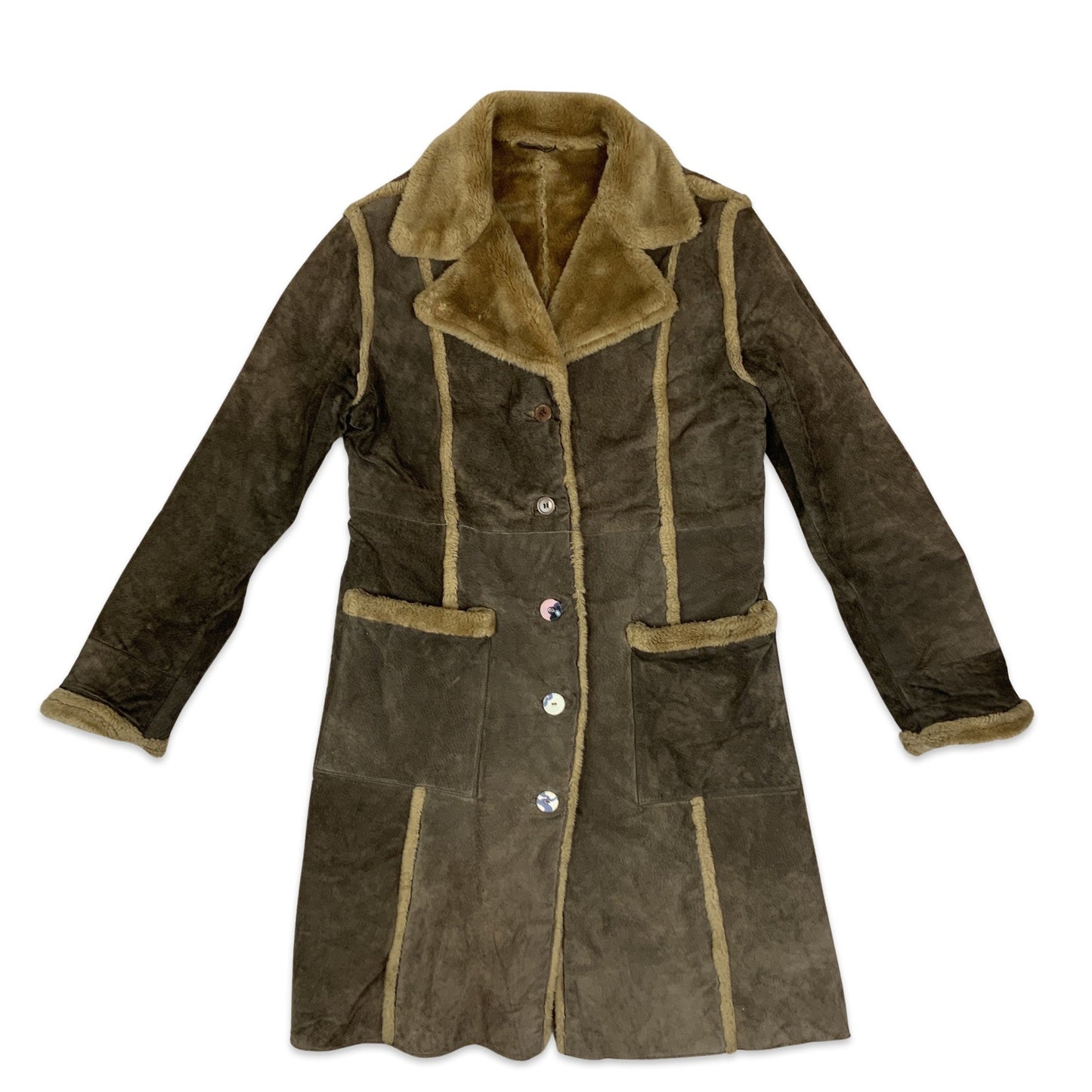 Vintage Brown Shearling Midi Coat with Faux Fur Trim 16 18