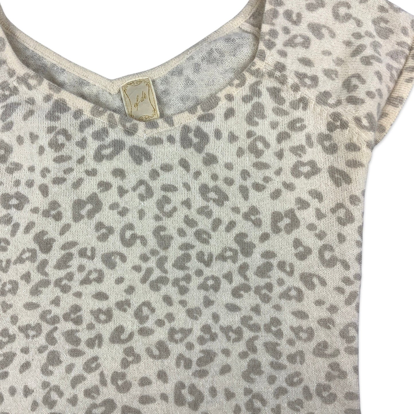 Y2K Cheetah Print Beige and Grey Lurex Knitted Short Sleeve Jumper 4 6 8