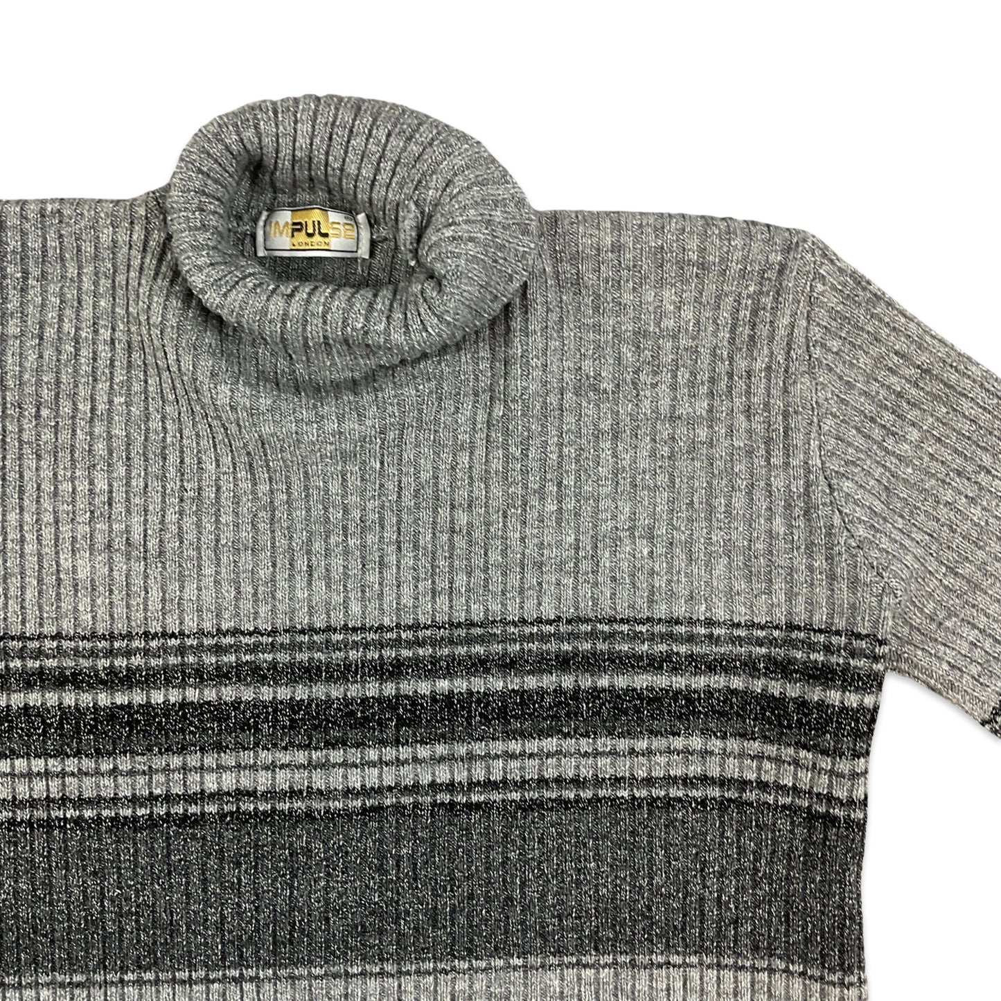 Vintage Grey Striped Ribbed Roll Neck Knit Jumper 10 12 14