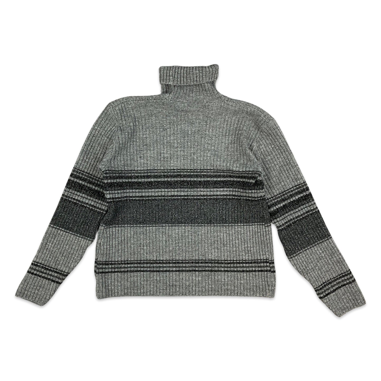 Vintage Grey Striped Ribbed Roll Neck Knit Jumper 10 12 14