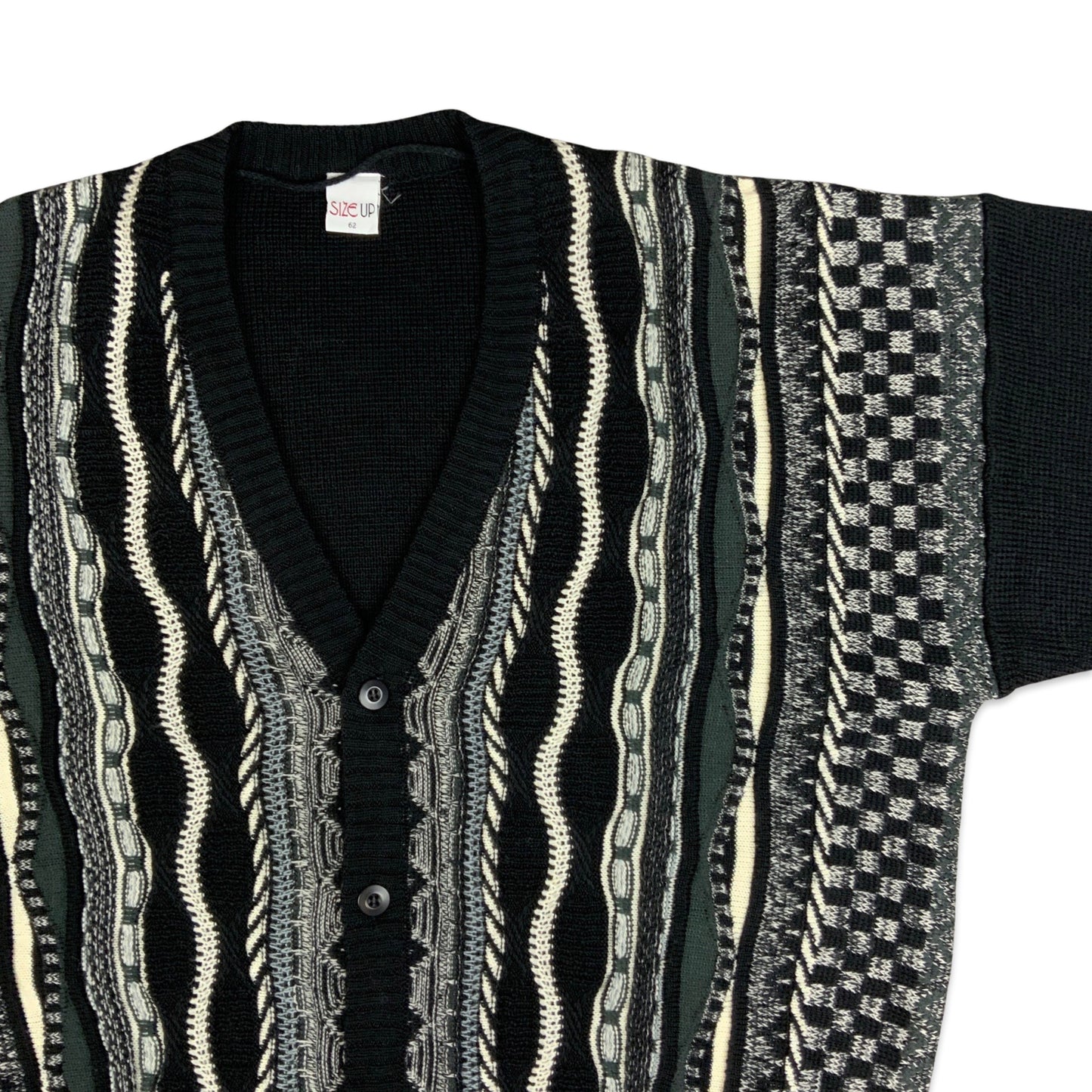 Vintage 80s Men's Black & White 3D Knit Cardigan XL 2XL 3XL
