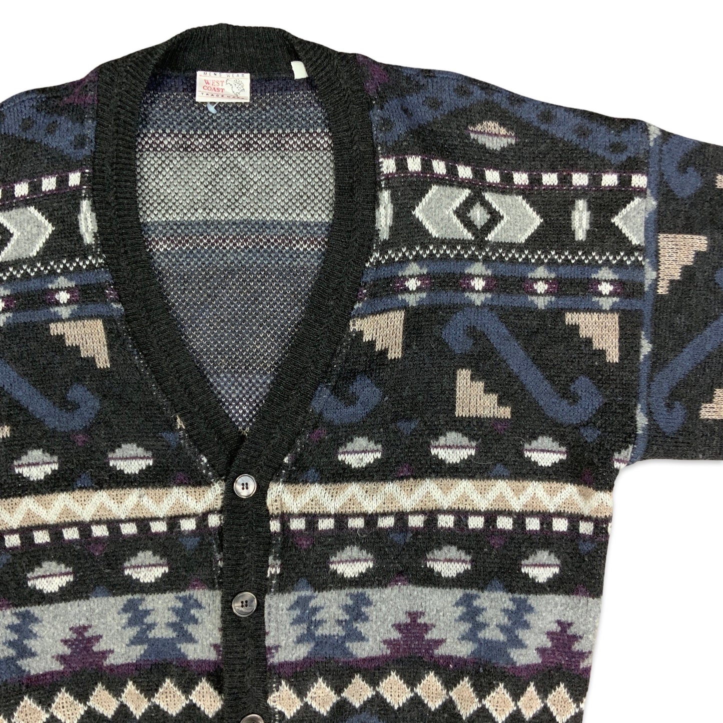 Vintage 80s Black Blue & Purple Aztec Print Cardigan L XL