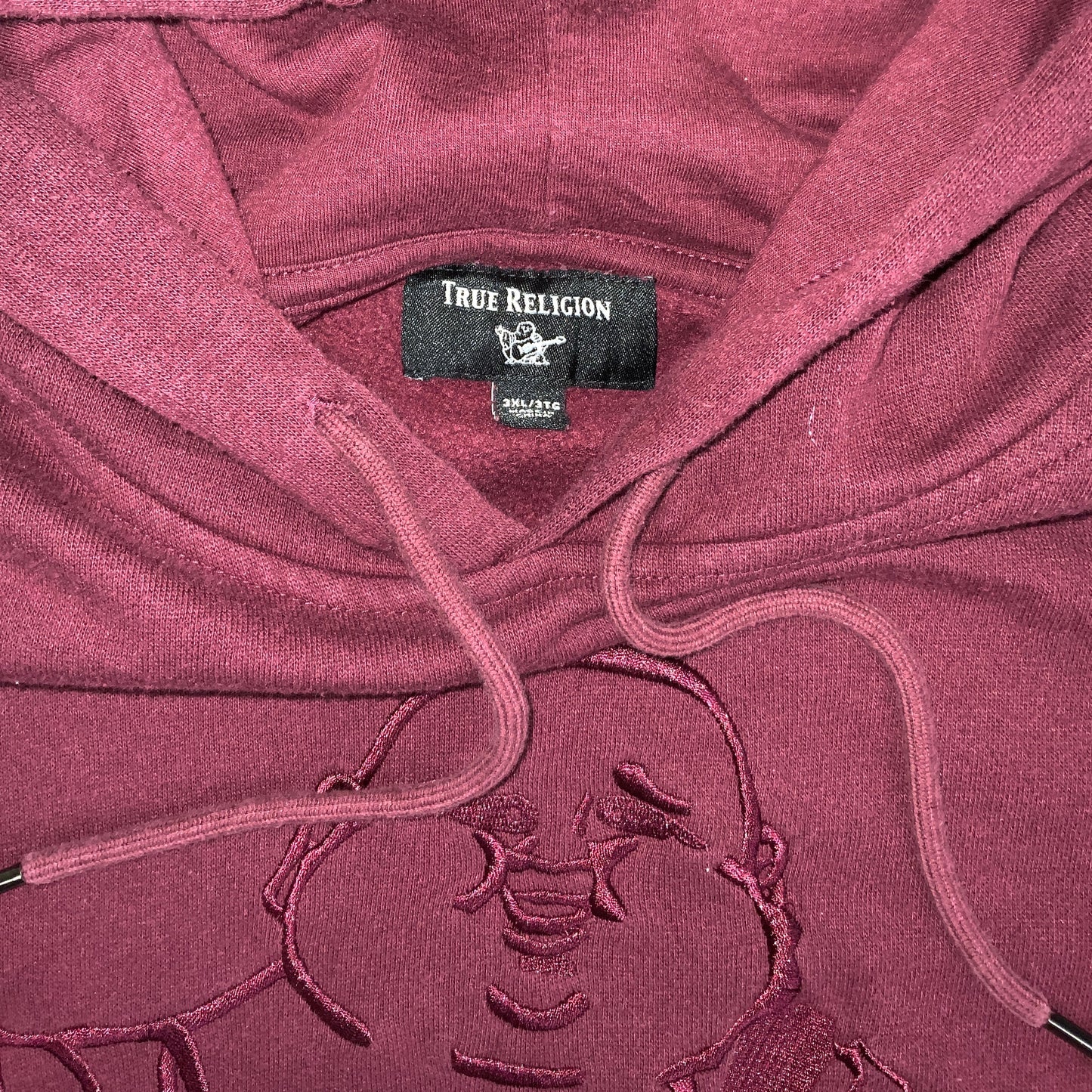 Vintage 90s True Religion Burgundy Red Happy Buddha Hoodie XL 2XL