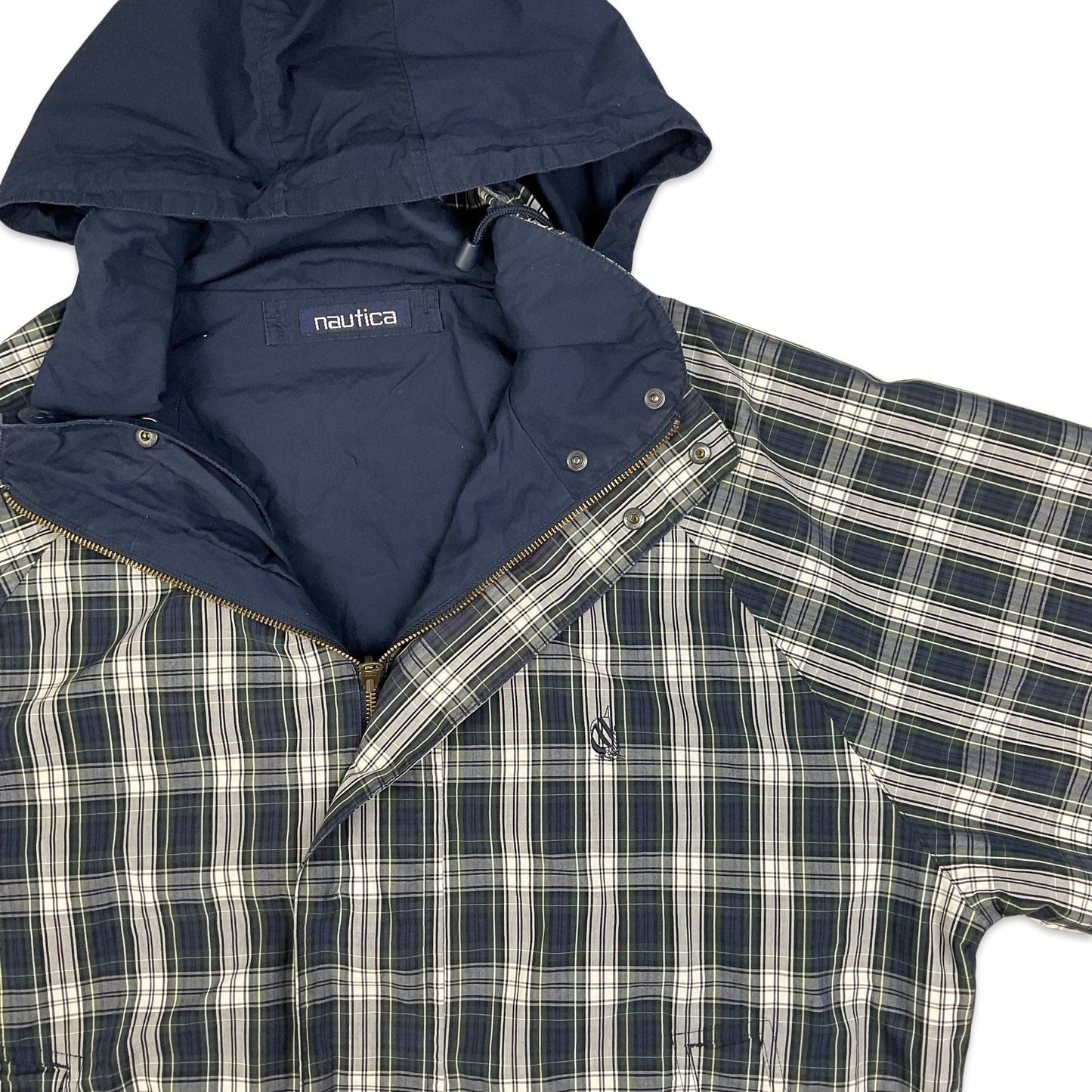 Vintage Nautica Plaid Navy Hooded Windbreaker XL 2XL 3XL Reversible
