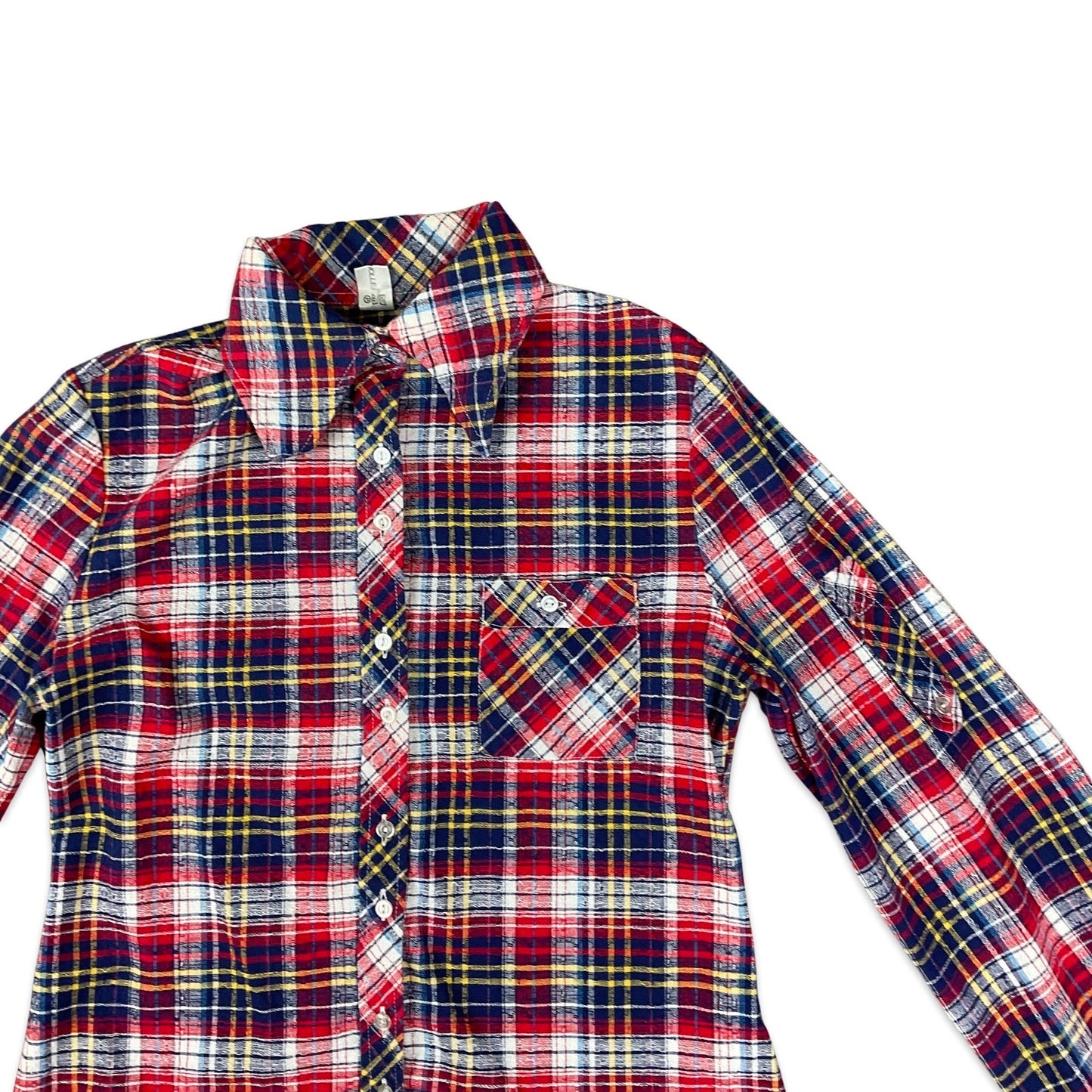 Vintage 70s Red White & Blue Check Dagger Collar Blouse 6 8