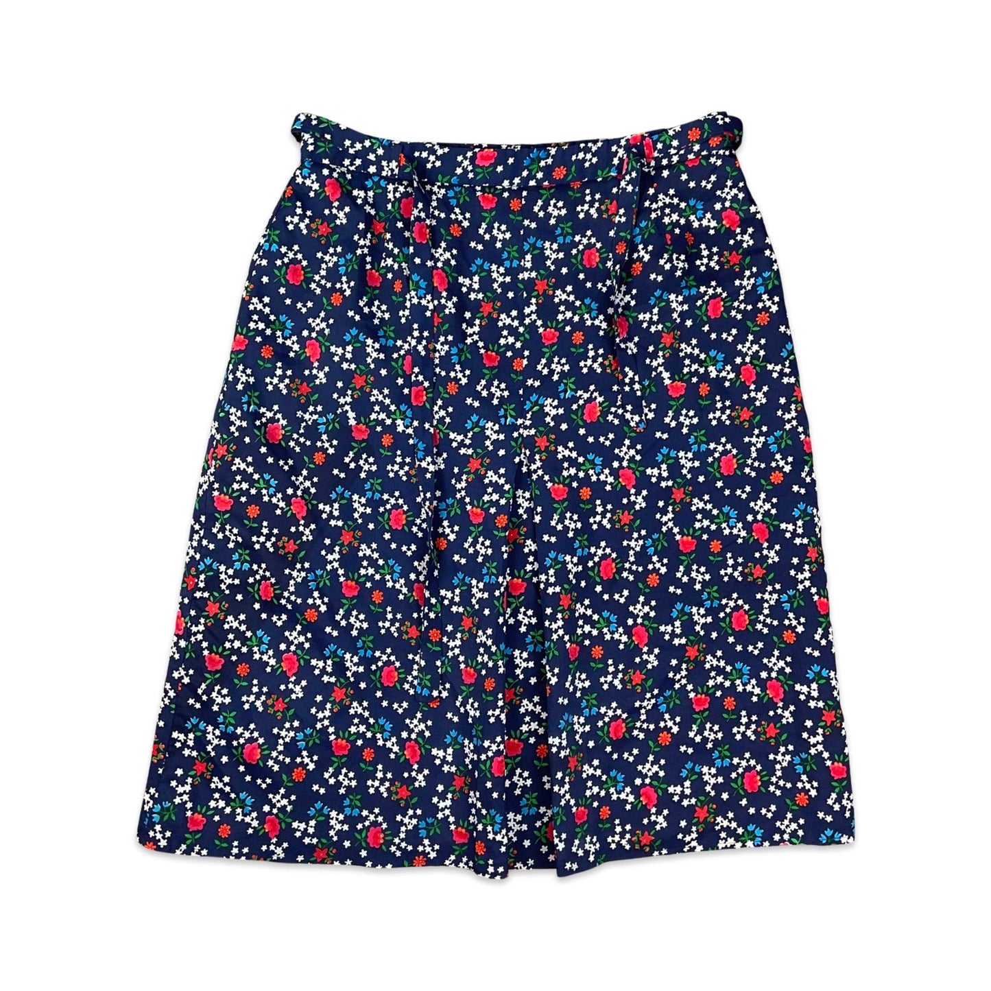 Vintage Navy White Green & Red Floral Print A-line Midi Skirt 4 6