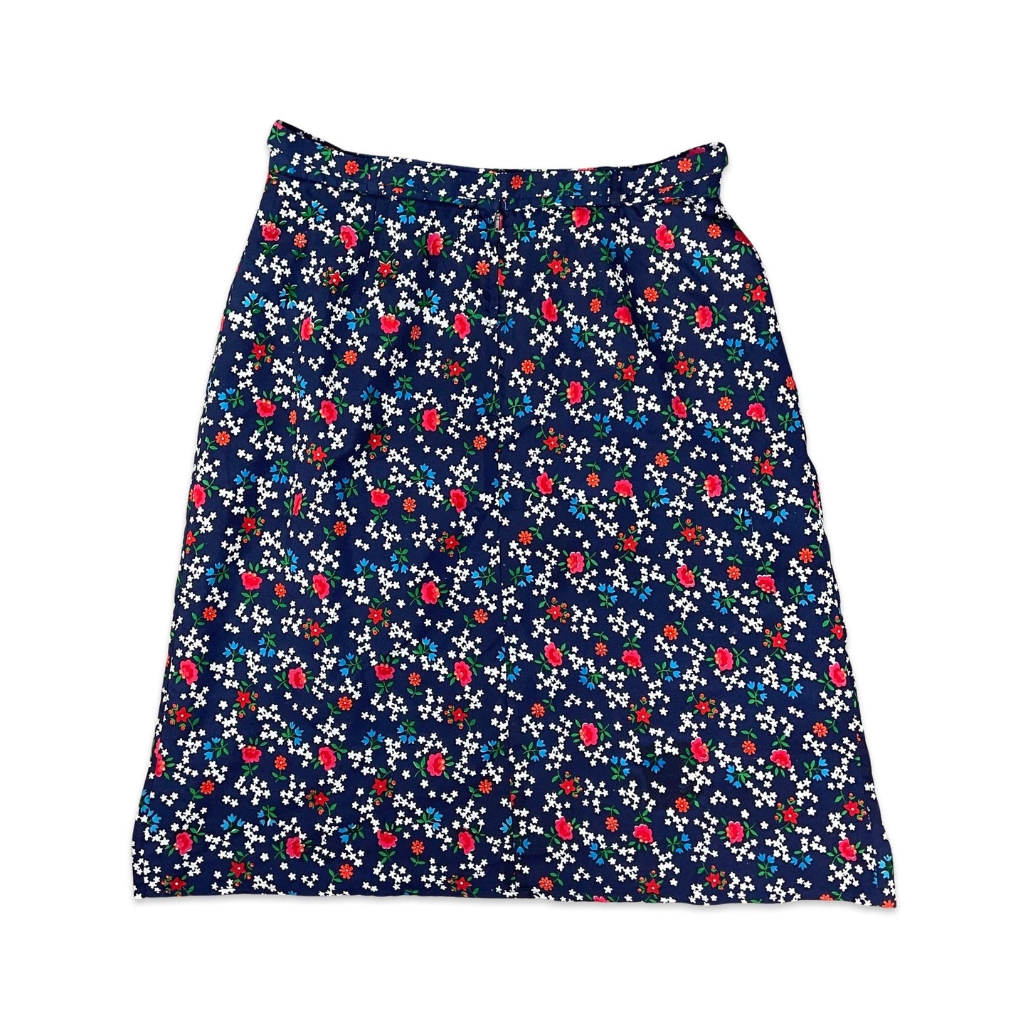 Vintage Navy White Green & Red Floral Print A-line Midi Skirt 4 6