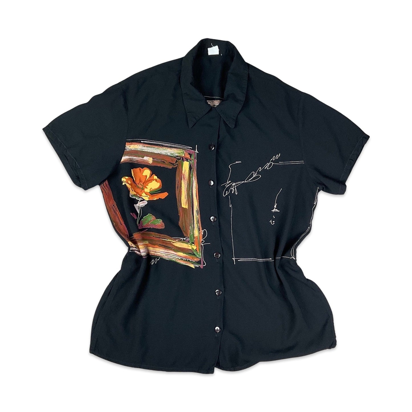 Vintage 80s 90s Black Graphic Print Shirt Blouse 12 14 16