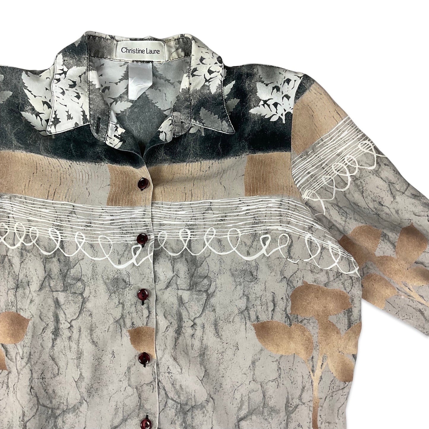 Vintage 90s Y2K Abstract Print Grey, Black, and Beige Shirt Blouse 14 16