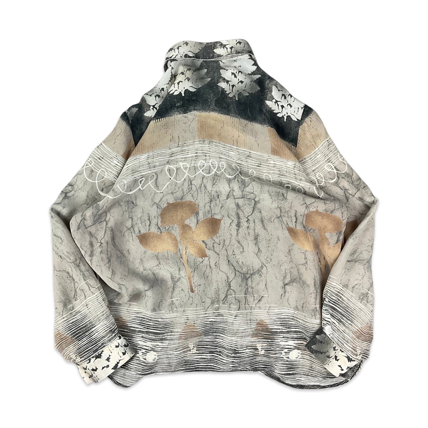 Vintage 90s Y2K Abstract Print Grey, Black, and Beige Shirt Blouse 14 16