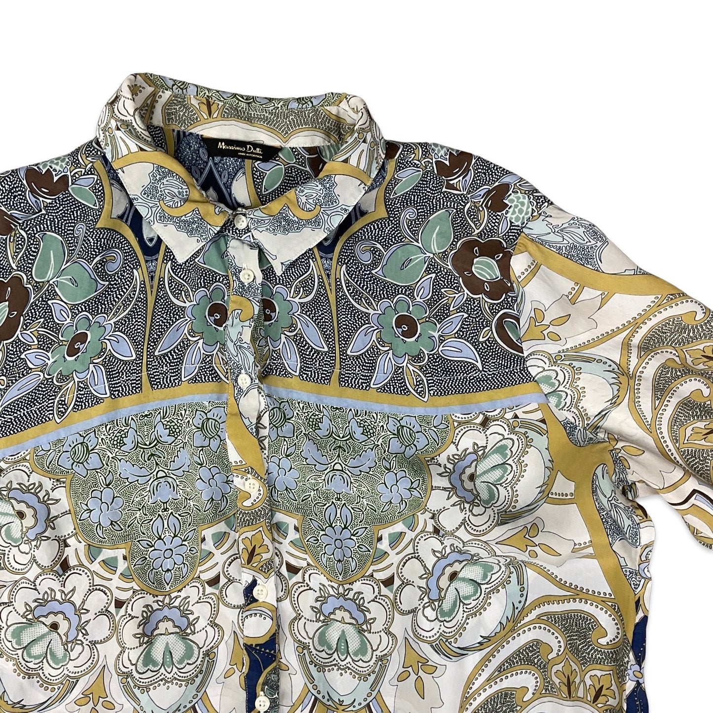 Vintage 90s Y2K Abstract Floral Print White, Teal, Blue, and Beige Shirt Blouse