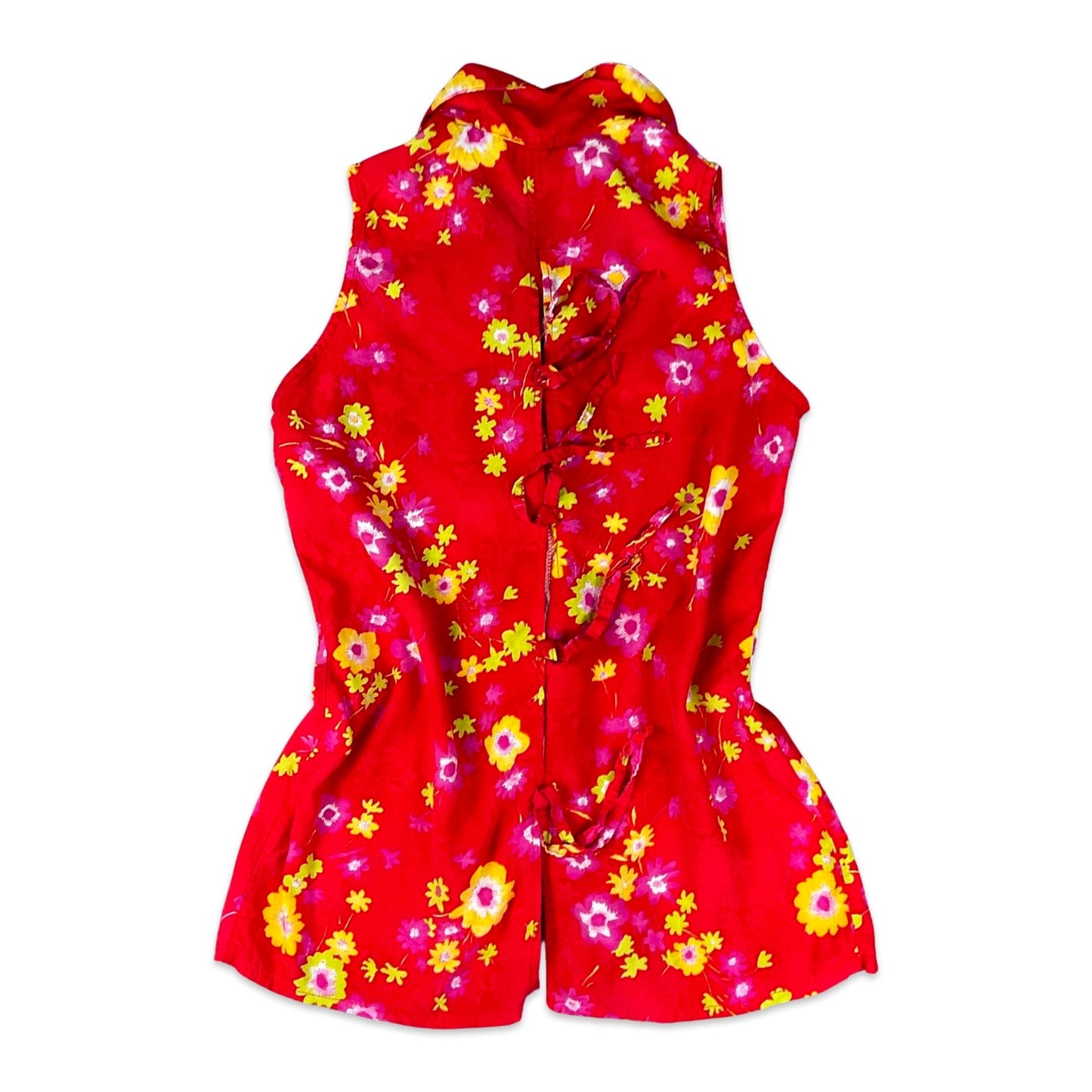 Vintage Y2K Red & Yellow Floral Print Sleeveless Blouse 8 10