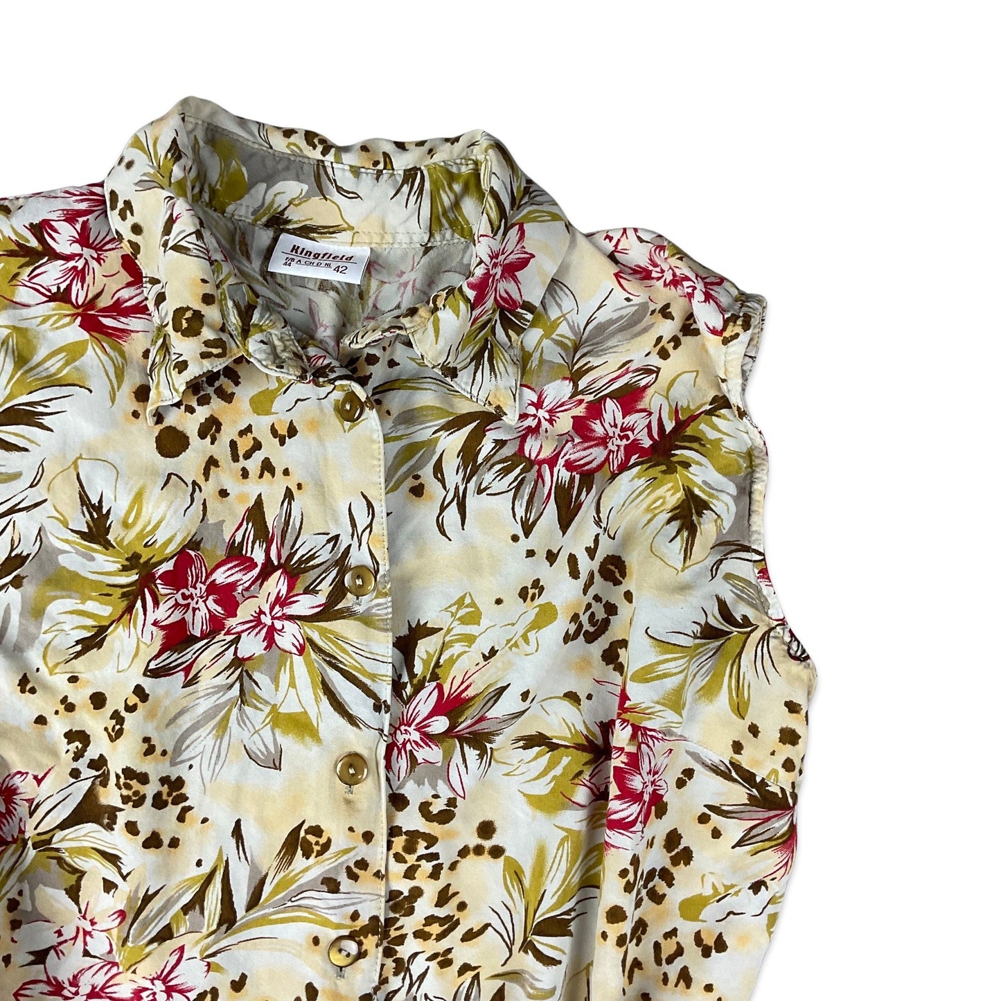 Vintage Beige Brown & Red Floral Botanical Print Sleeveless Blouse 10 12