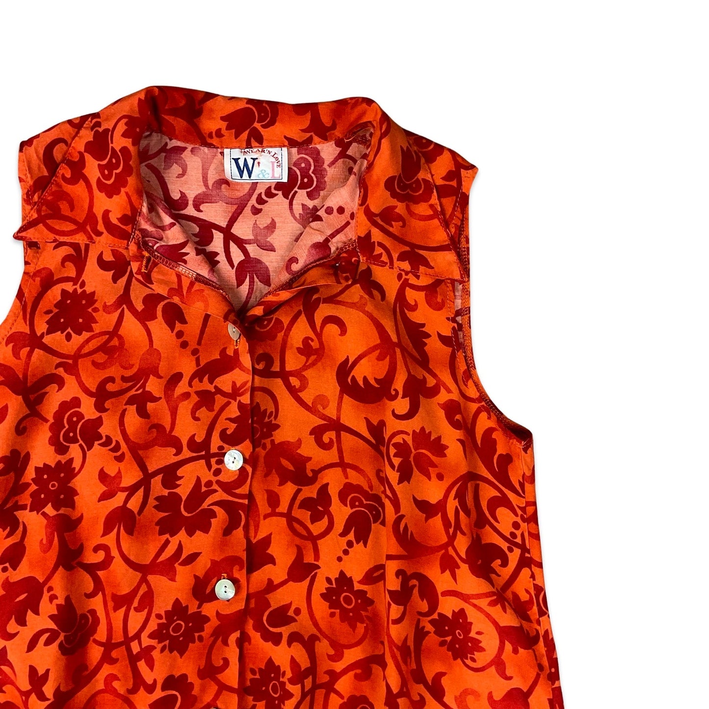 Vintage 90s Y2K Orange & Brown Botanical Print Sleeveless Blouse 10 12