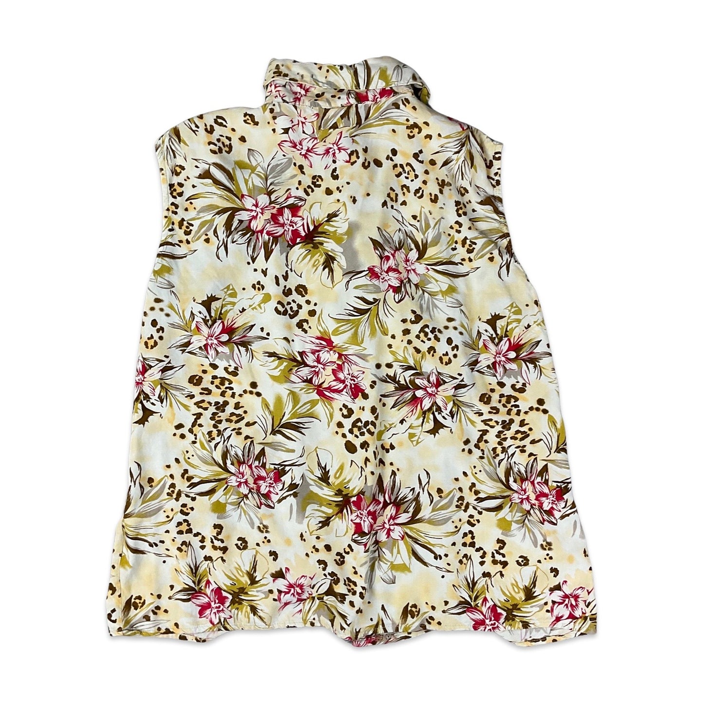 Vintage Beige Brown & Red Floral Botanical Print Sleeveless Blouse 10 12
