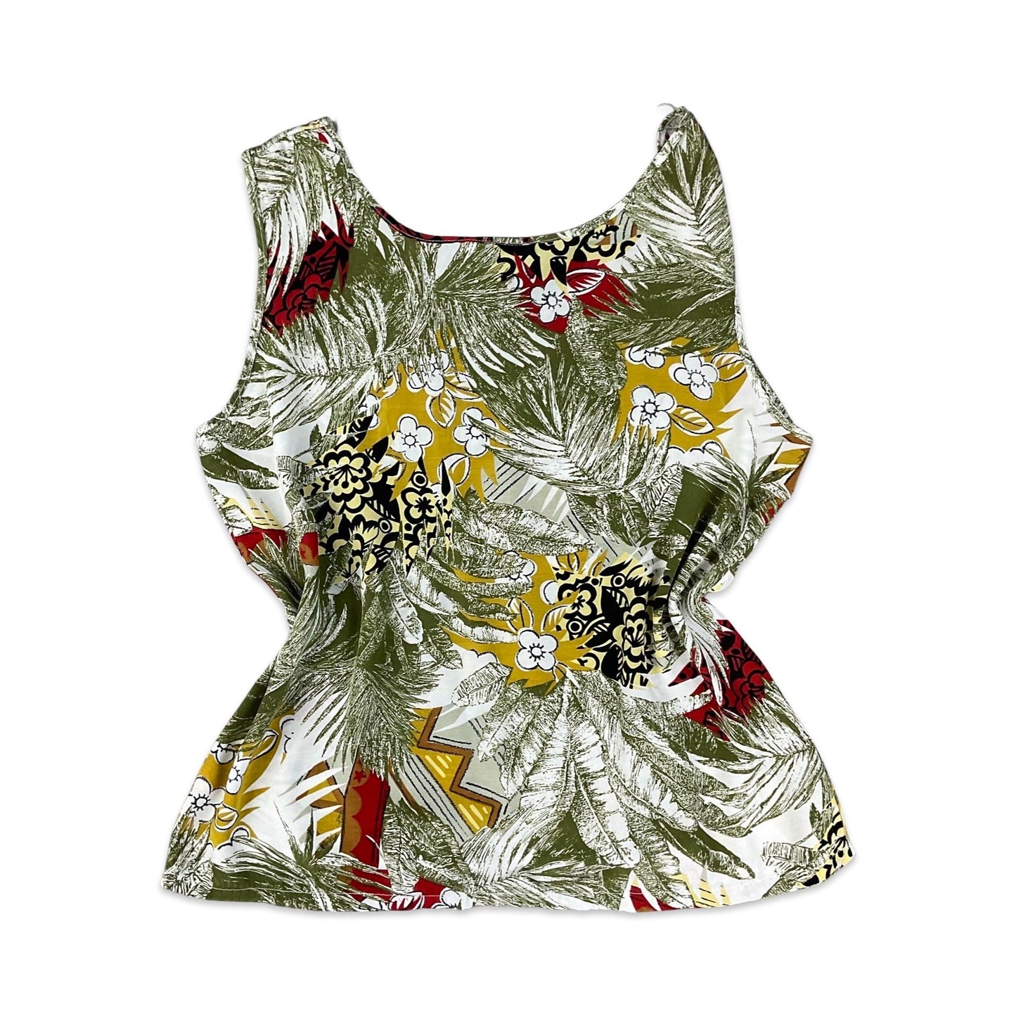 Vintage Green White & Yellow Botanical Print Sleeveless Blouse 10 12