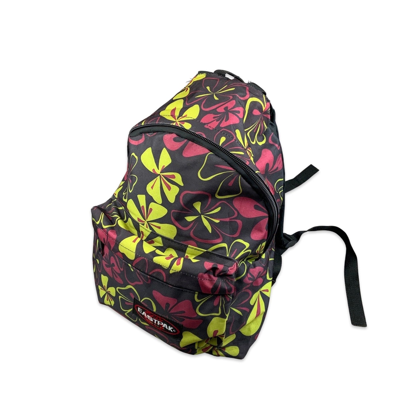 Vintage Eastpak USA Made Black, Green, and Purple Floral Print Rucksack