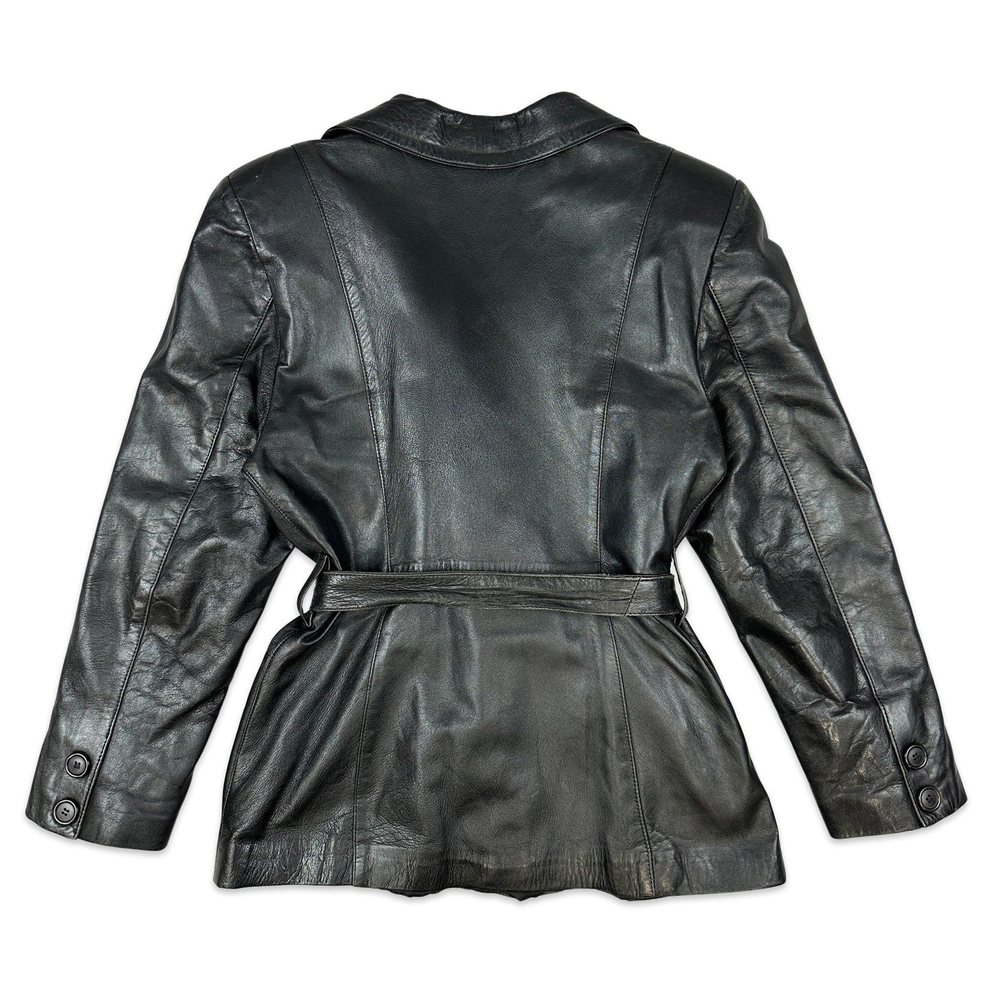 Vintage Black Belted Leather Coat 12