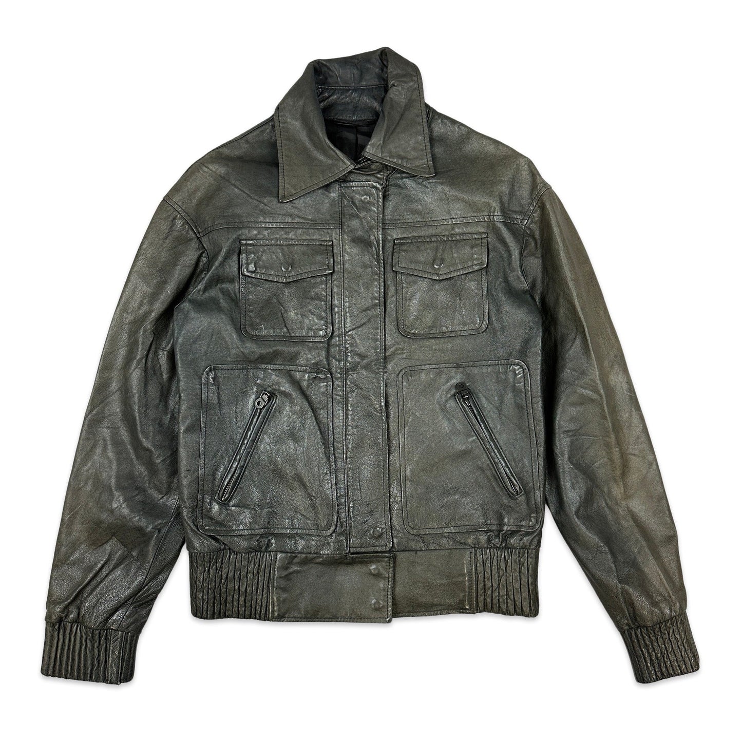 Vintage Grey Leather Bomber Jacket 10
