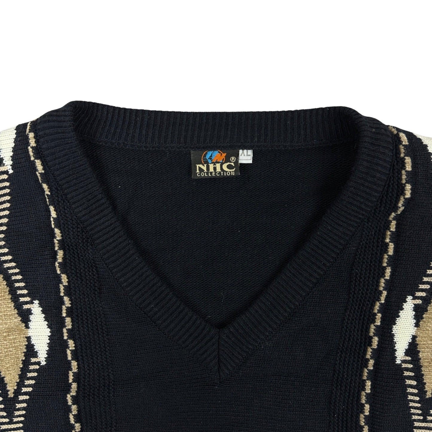 Vintage 90s Patterned V-Neck Knit Jumper XL
