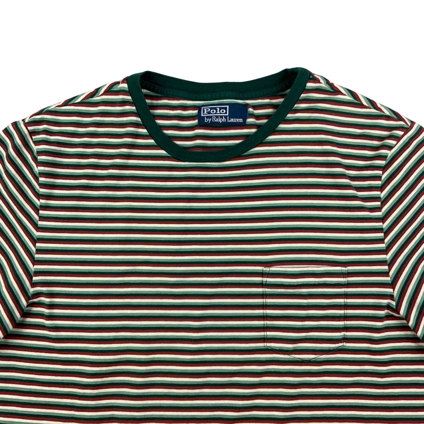 Vintage 90s Ralph Lauren Green White & Red Stripe Pocket Tee T-Shirt S M