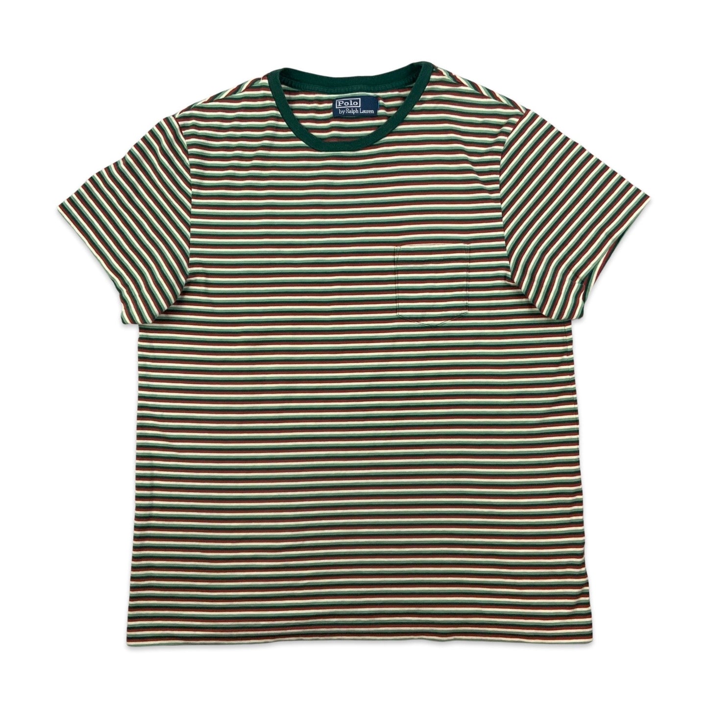 Vintage 90s Ralph Lauren Green White & Red Stripe Pocket Tee T-Shirt S M