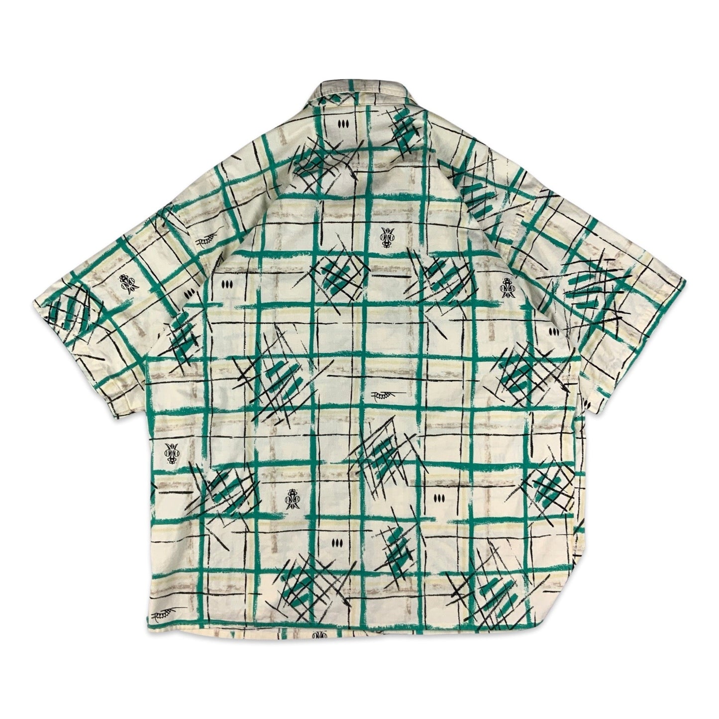 Vintage 80s Abstract Check Pattern Green and Beige Shirt XL XXL