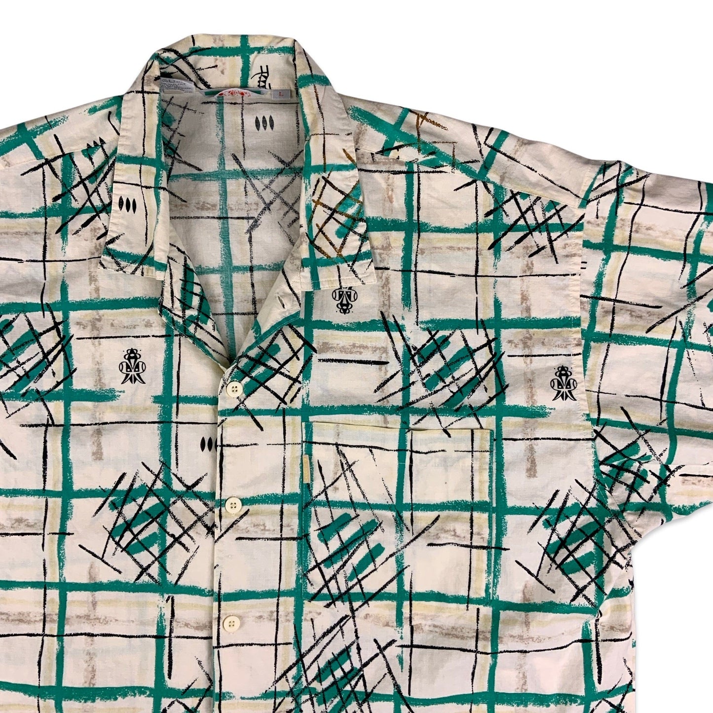 Vintage 80s Abstract Check Pattern Green and Beige Shirt XL XXL