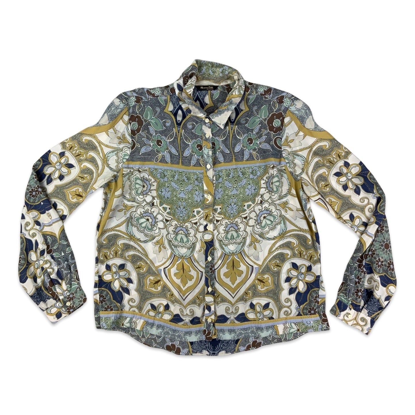Vintage 90s Y2K Abstract Floral Print White, Teal, Blue, and Beige Shirt Blouse