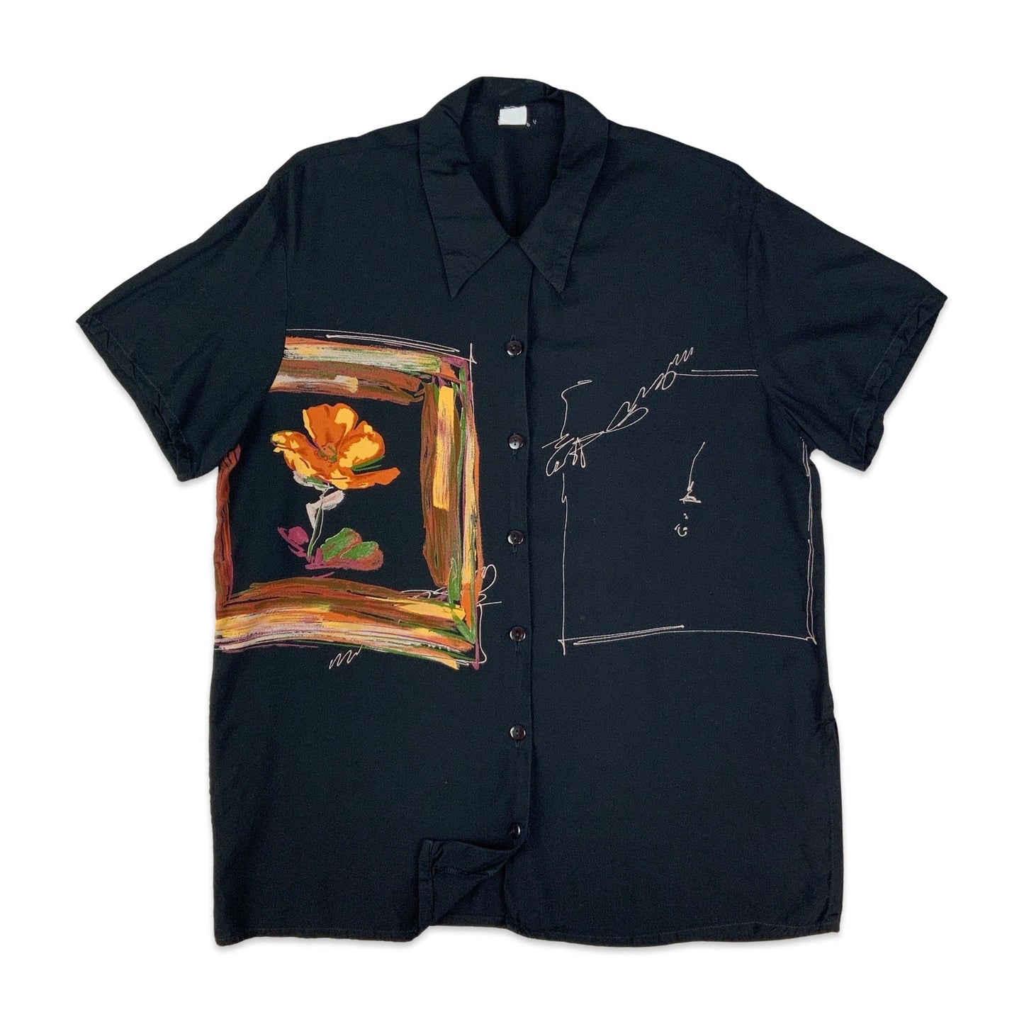 Vintage 80s 90s Black Graphic Print Shirt Blouse 12 14 16