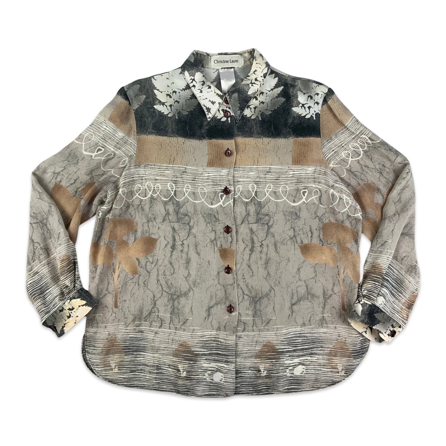 Vintage 90s Y2K Abstract Print Grey, Black, and Beige Shirt Blouse 14 16