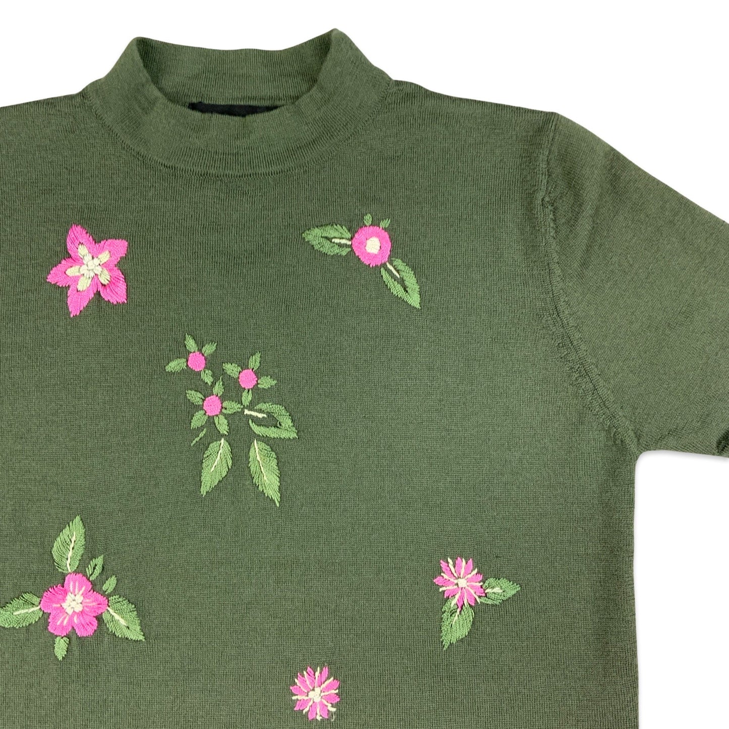 00's Green Mock Neck Floral Short Sleeve Jumper 8 10