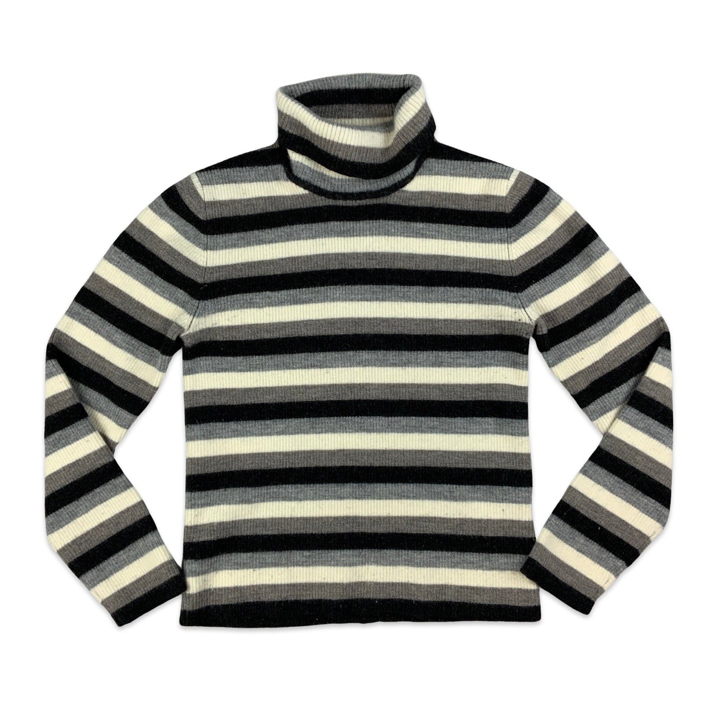 Vintage 90s Striped Black Grey & White Ribbed Knit Turtleneck 4 6 8 10